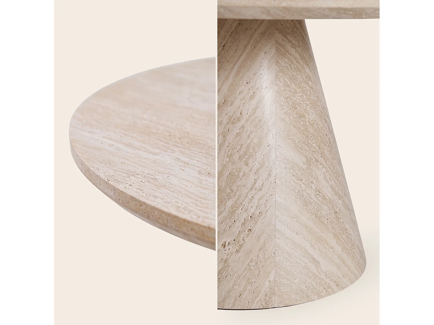 Table basse ronde 80cm - Effet travertin beige - Pied central conique - MANON