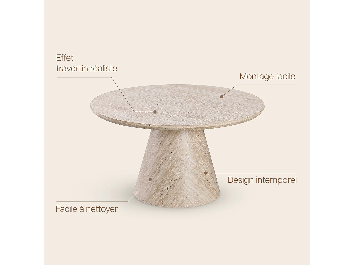 Table basse ronde 80cm - Effet travertin beige - Pied central conique - MANON