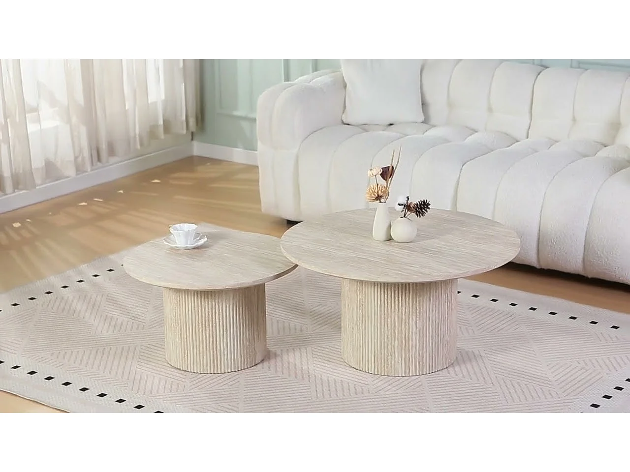Lot de 2 tables basses gigognes rondes ESME - Effet travertin beige