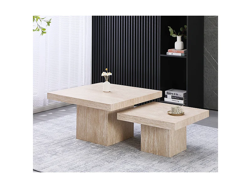 Lot de 2 tables basses - Effet travertin beige - LILI