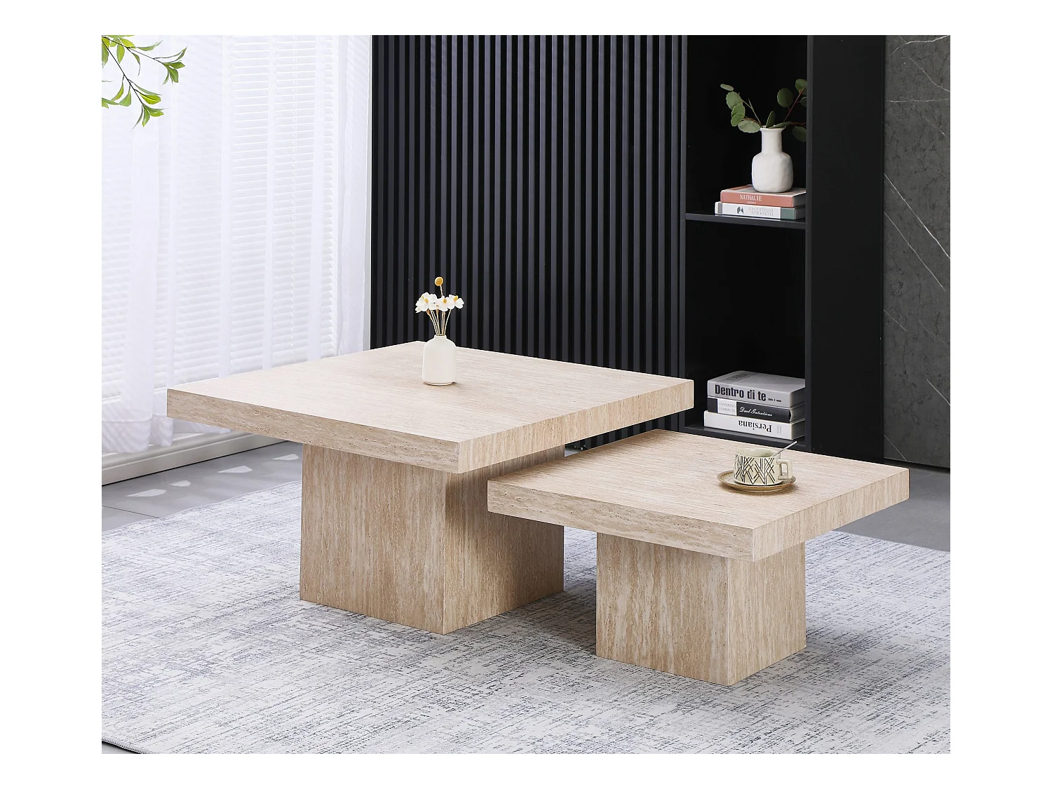 Lot de 2 tables basses - Effet travertin beige - LILI