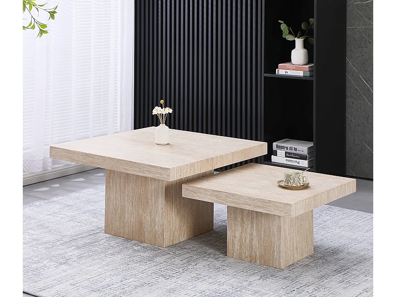 Lot de 2 tables basses - Effet travertin beige - LILI