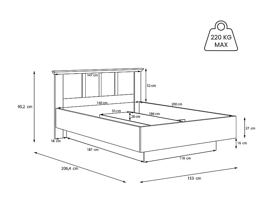Lit coffre 140 x 200 cm tête de lit décor chêne blanchi – ANGELE