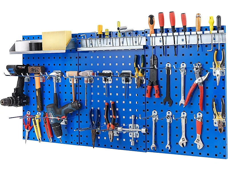 Organiseur Mural en Panneau Perforé, Kit de Rangement d'Outils en Métal avec 3 Panneaux Perforés 28 Accessoires de Suspension, Porte-outils Fixé au Mur (Bleu)