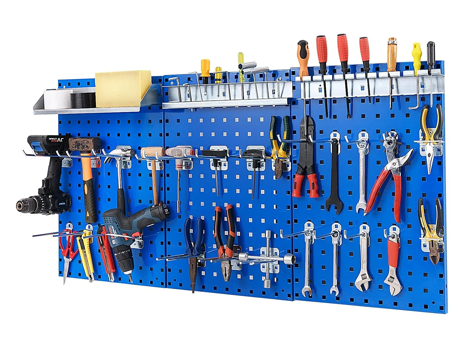 Organiseur Mural en Panneau Perforé, Kit de Rangement d'Outils en Métal avec 3 Panneaux Perforés 28 Accessoires de Suspension, Porte-outils Fixé au Mur (Bleu)