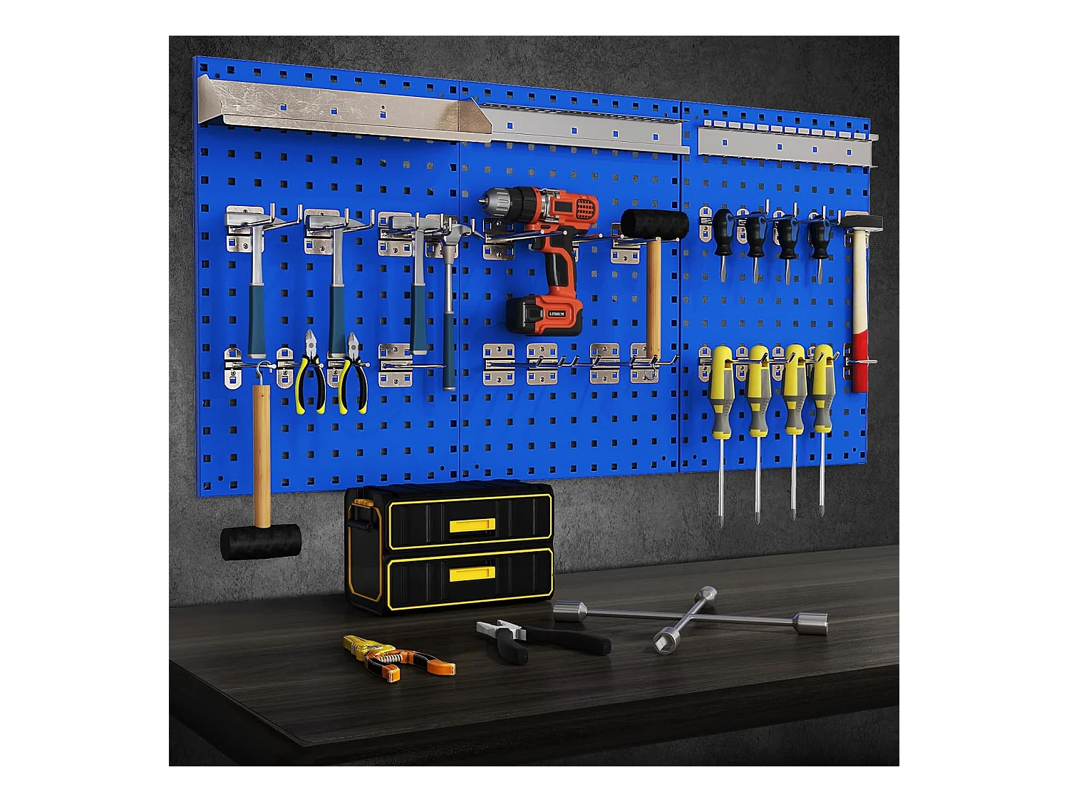 Organiseur Mural en Panneau Perforé, Kit de Rangement d'Outils en Métal avec 3 Panneaux Perforés 28 Accessoires de Suspension, Porte-outils Fixé au Mur (Bleu)