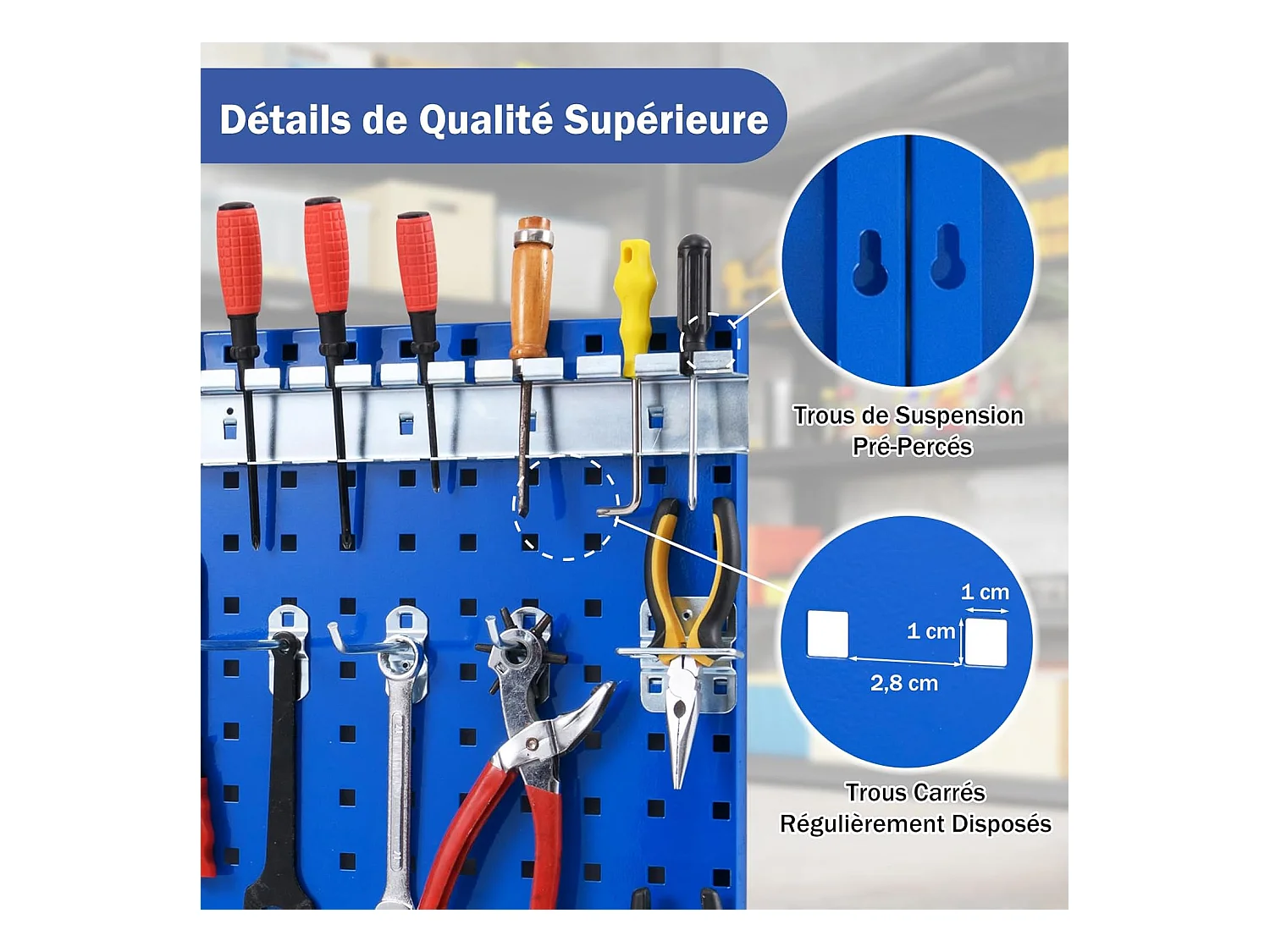 Organiseur Mural en Panneau Perforé, Kit de Rangement d'Outils en Métal avec 3 Panneaux Perforés 28 Accessoires de Suspension, Porte-outils Fixé au Mur (Bleu)
