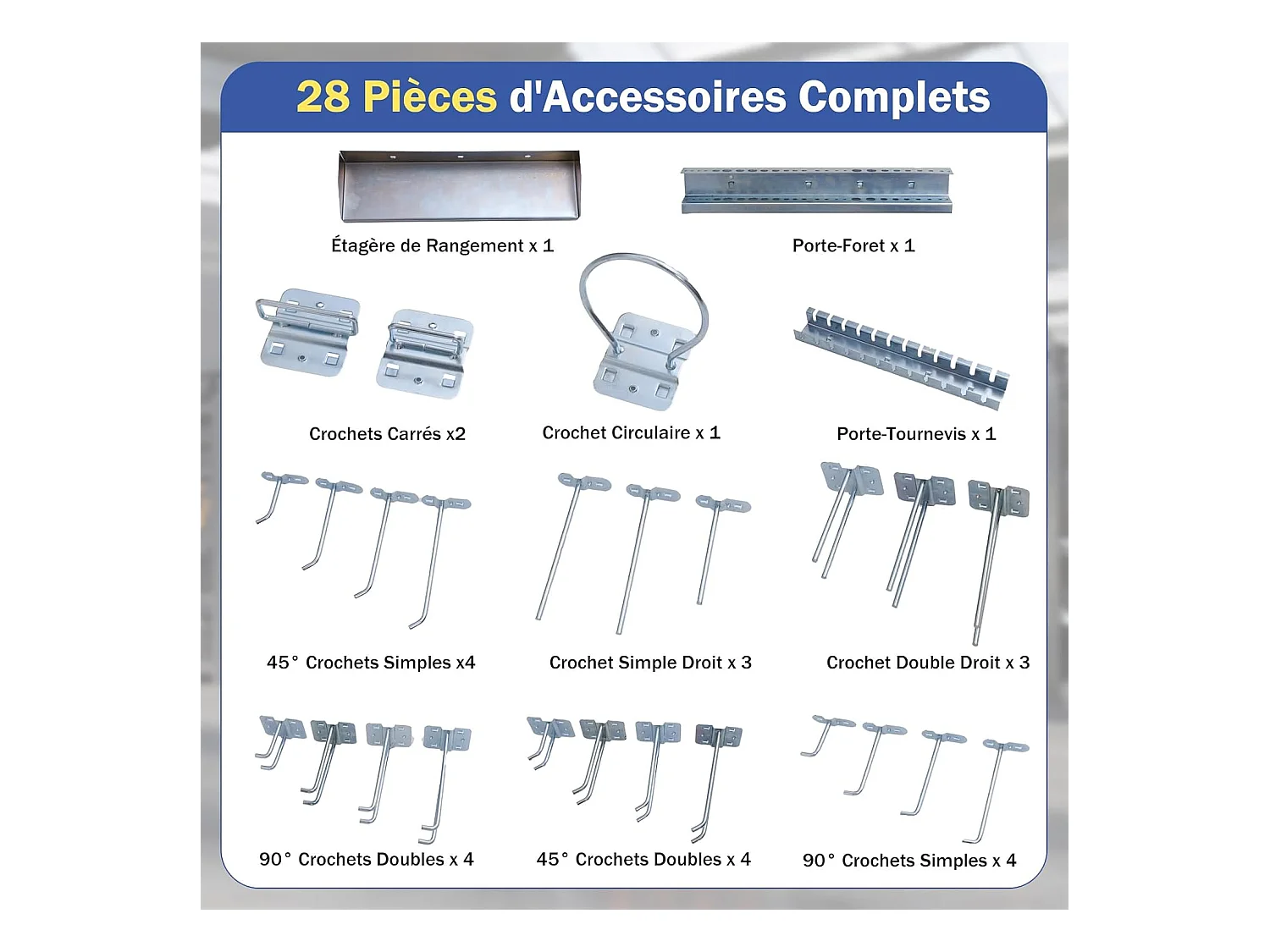Organiseur Mural en Panneau Perforé, Kit de Rangement d'Outils en Métal avec 3 Panneaux Perforés 28 Accessoires de Suspension, Porte-outils Fixé au Mur (Bleu)
