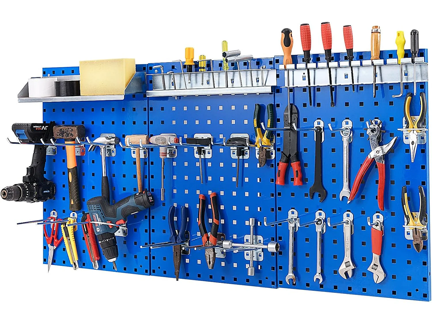 Organiseur Mural en Panneau Perforé, Kit de Rangement d'Outils en Métal avec 3 Panneaux Perforés 28 Accessoires de Suspension, Porte-outils Fixé au Mur (Bleu)