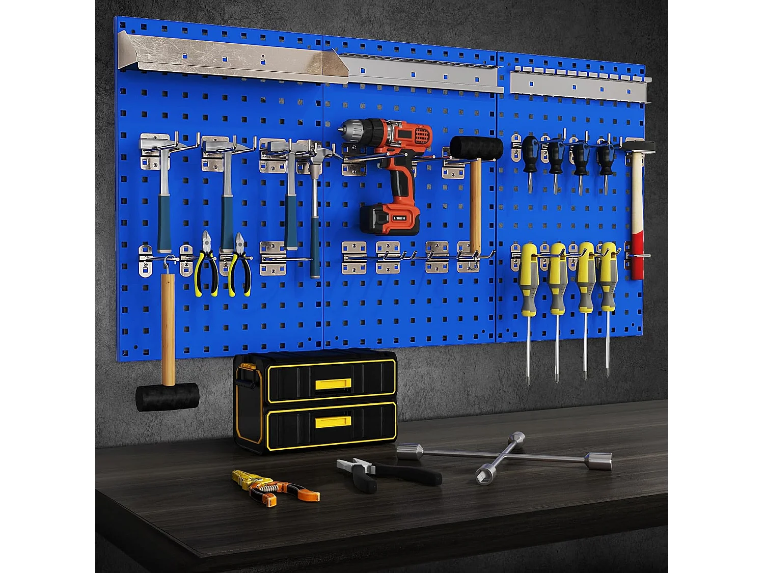 Organiseur Mural en Panneau Perforé, Kit de Rangement d'Outils en Métal avec 3 Panneaux Perforés 28 Accessoires de Suspension, Porte-outils Fixé au Mur (Bleu)