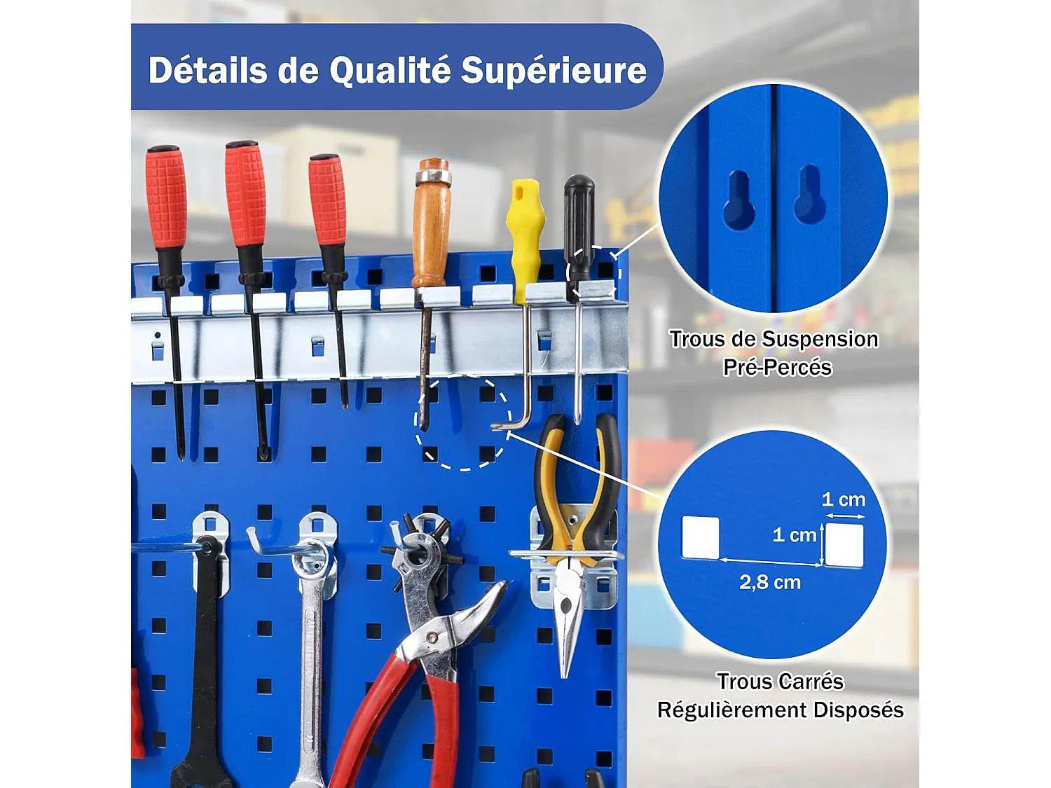 Organiseur Mural en Panneau Perforé, Kit de Rangement d'Outils en Métal avec 3 Panneaux Perforés 28 Accessoires de Suspension, Porte-outils Fixé au Mur (Bleu)