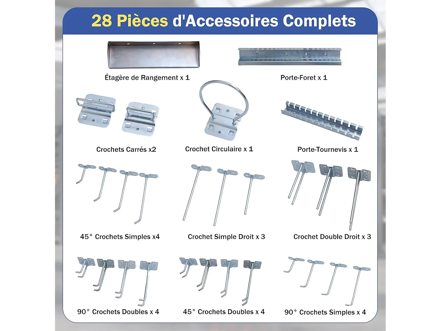 Organiseur Mural en Panneau Perforé, Kit de Rangement d'Outils en Métal avec 3 Panneaux Perforés 28 Accessoires de Suspension, Porte-outils Fixé au Mur (Bleu)