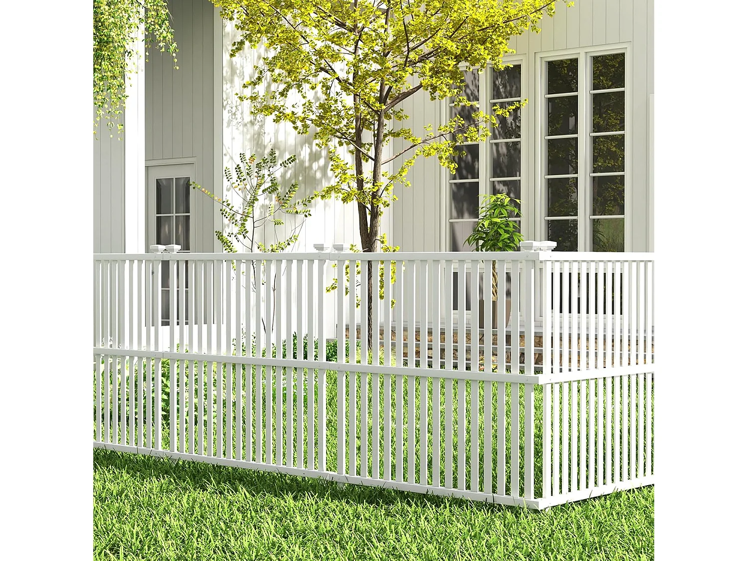 Clôture Privée Extérieure pour Climatiseur 113 x 114 cm, Panneaux de Clôture avec Piquets en Métal pour Poubelle et Equipement de Piscine pour Extérieur, Blanc