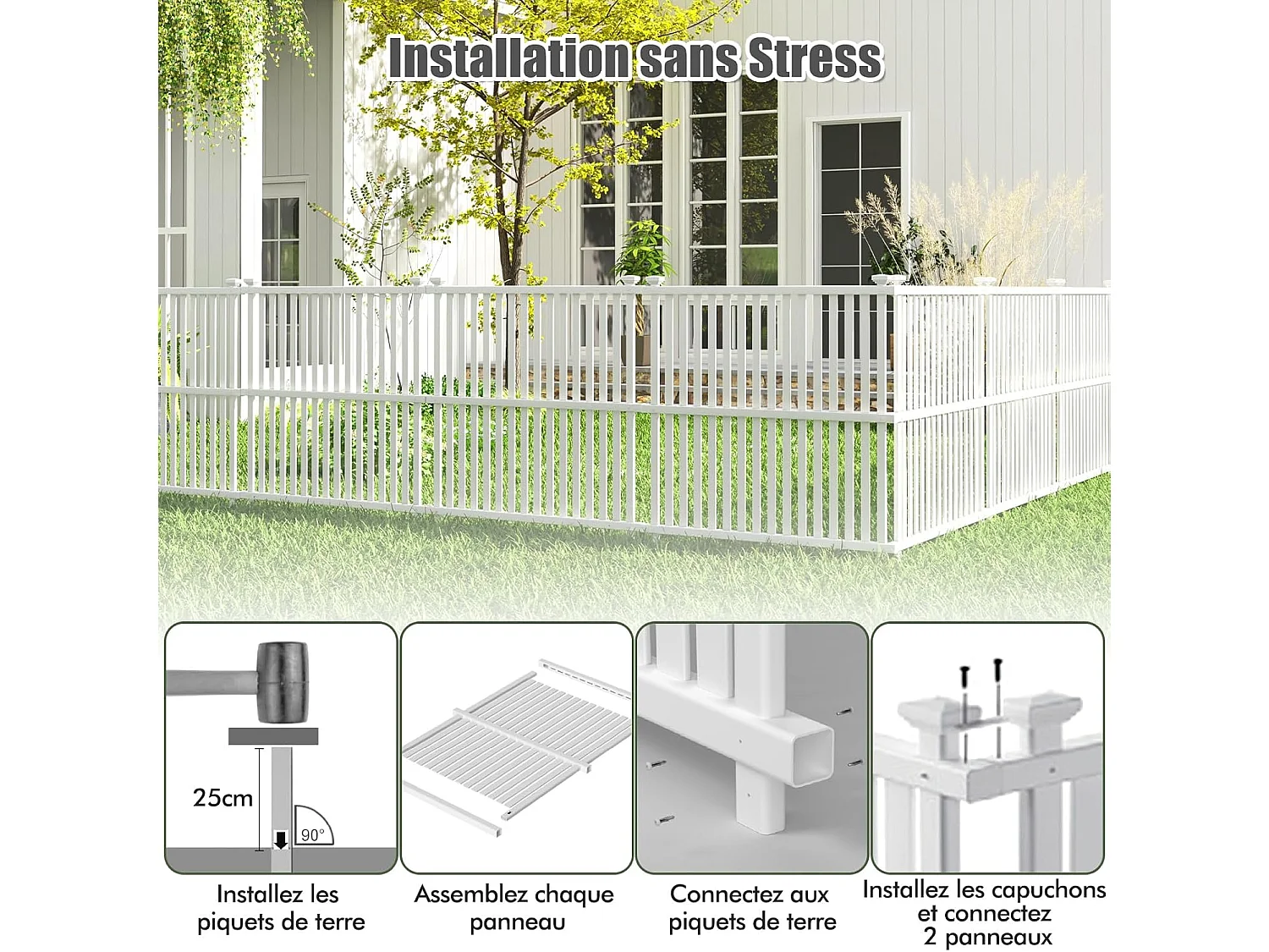 Clôture Privée Extérieure pour Climatiseur 113 x 114 cm, Panneaux de Clôture avec Piquets en Métal pour Poubelle et Equipement de Piscine pour Extérieur, Blanc