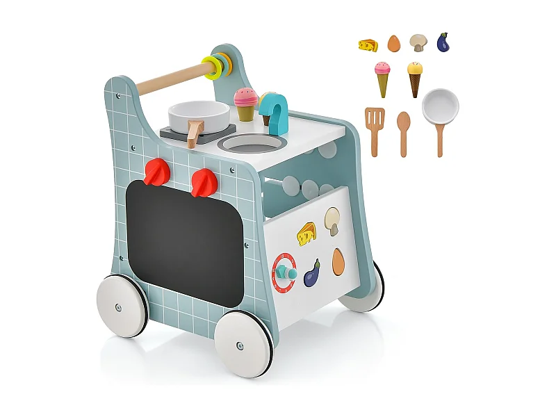 6 en 1 Chariot de Marche en Bois avec Thème de Cuisine & 9 Accessoires, Marcheur D'Apprentissage Bébé avec Tableau & Horloge, Rangement Intérieur, 12 Mois+