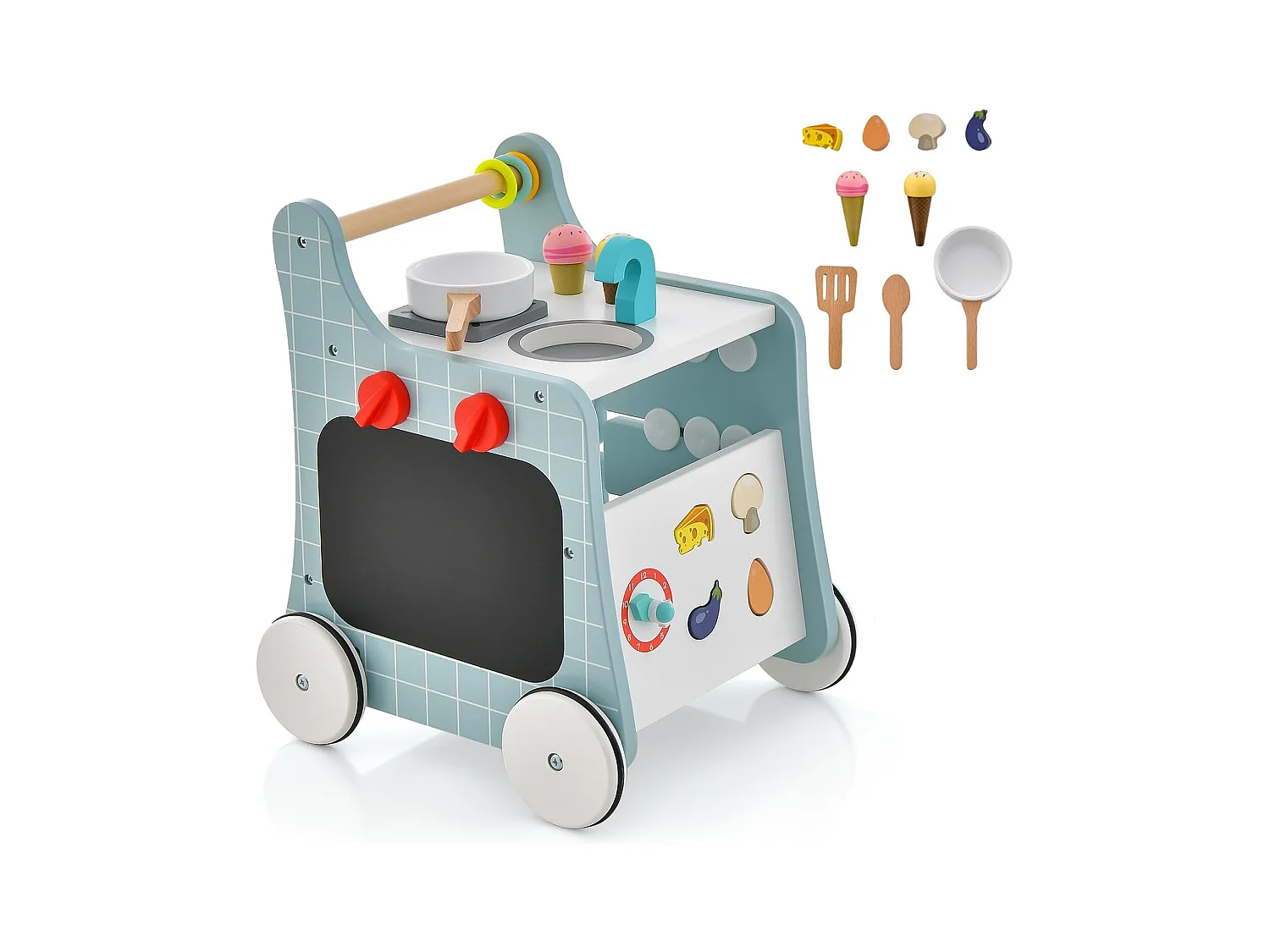 6 en 1 Chariot de Marche en Bois avec Thème de Cuisine & 9 Accessoires, Marcheur D'Apprentissage Bébé avec Tableau & Horloge, Rangement Intérieur, 12 Mois+