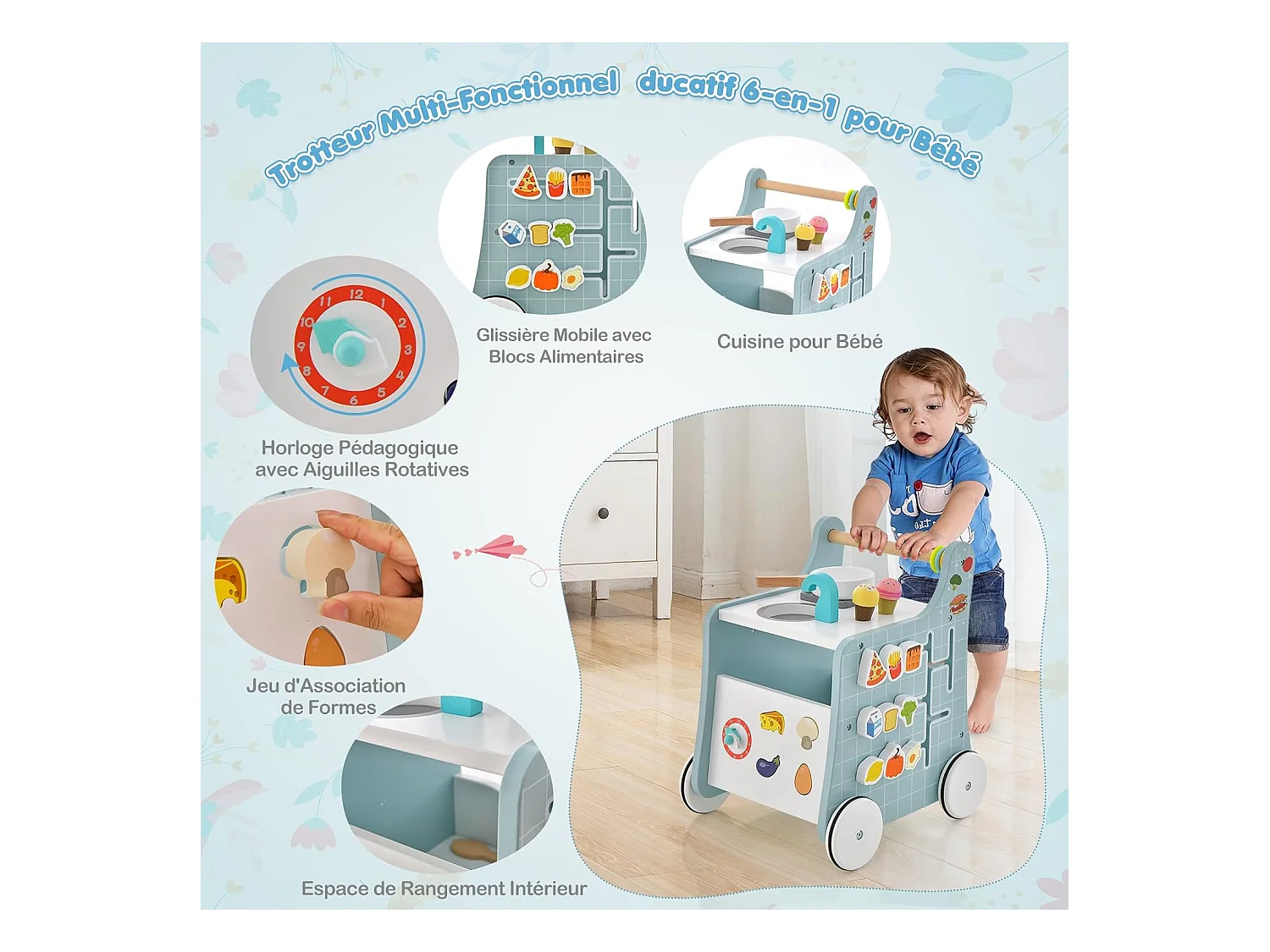 6 en 1 Chariot de Marche en Bois avec Thème de Cuisine & 9 Accessoires, Marcheur D'Apprentissage Bébé avec Tableau & Horloge, Rangement Intérieur, 12 Mois+
