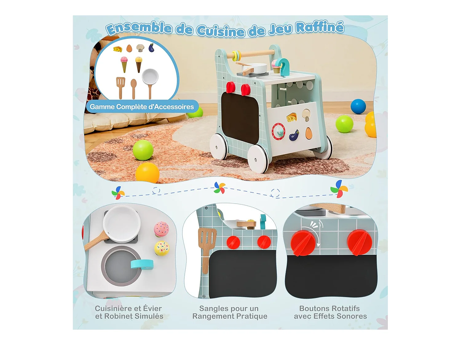 6 en 1 Chariot de Marche en Bois avec Thème de Cuisine & 9 Accessoires, Marcheur D'Apprentissage Bébé avec Tableau & Horloge, Rangement Intérieur, 12 Mois+