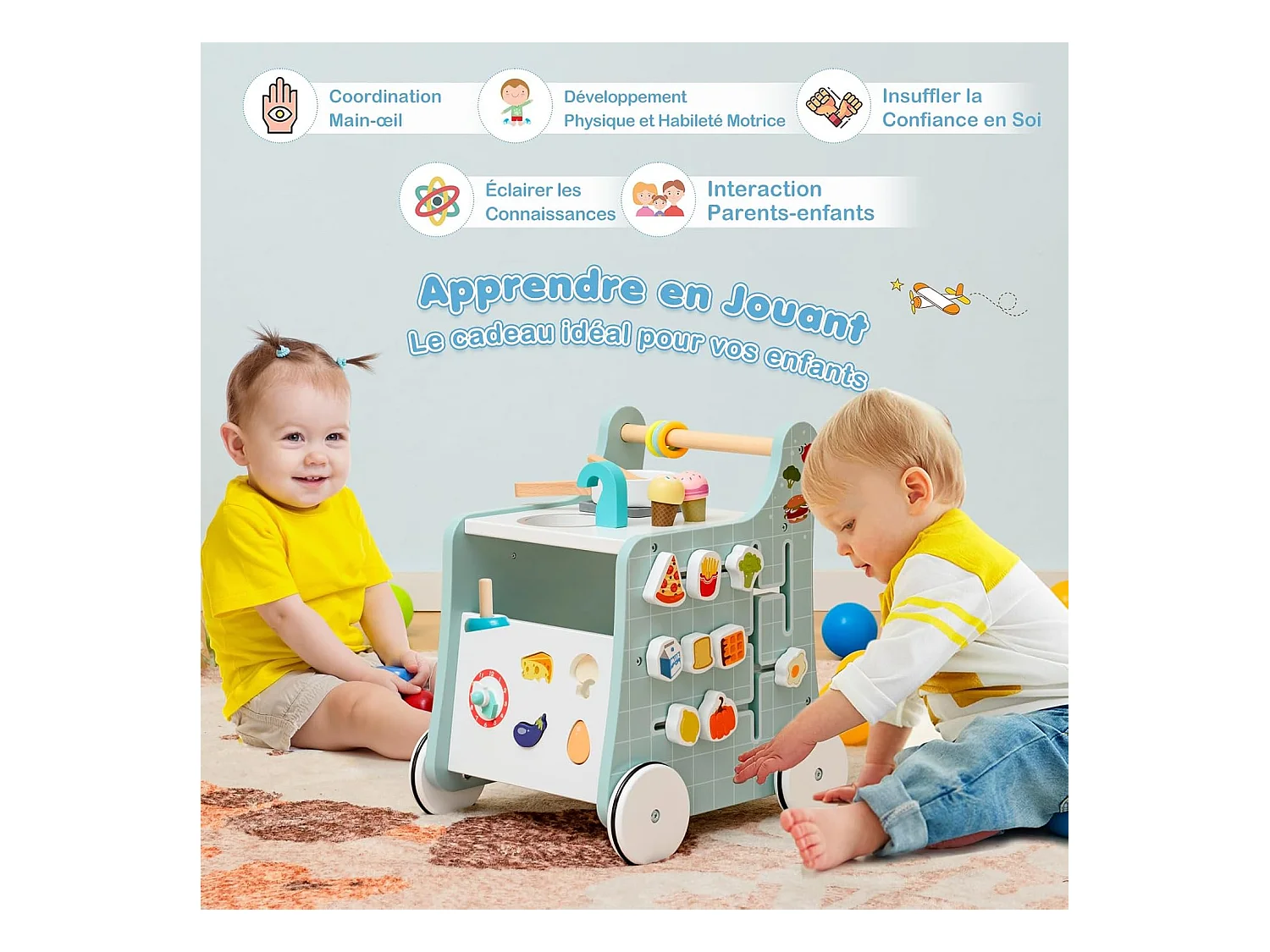 6 en 1 Chariot de Marche en Bois avec Thème de Cuisine & 9 Accessoires, Marcheur D'Apprentissage Bébé avec Tableau & Horloge, Rangement Intérieur, 12 Mois+