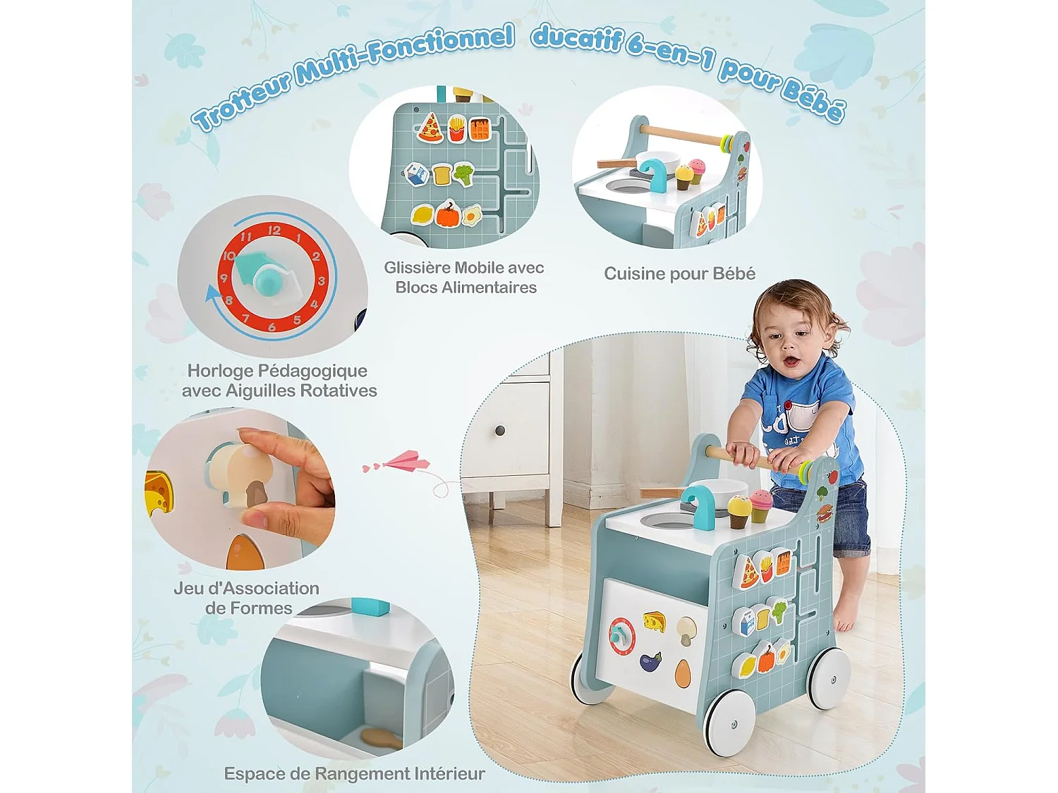 6 en 1 Chariot de Marche en Bois avec Thème de Cuisine & 9 Accessoires, Marcheur D'Apprentissage Bébé avec Tableau & Horloge, Rangement Intérieur, 12 Mois+