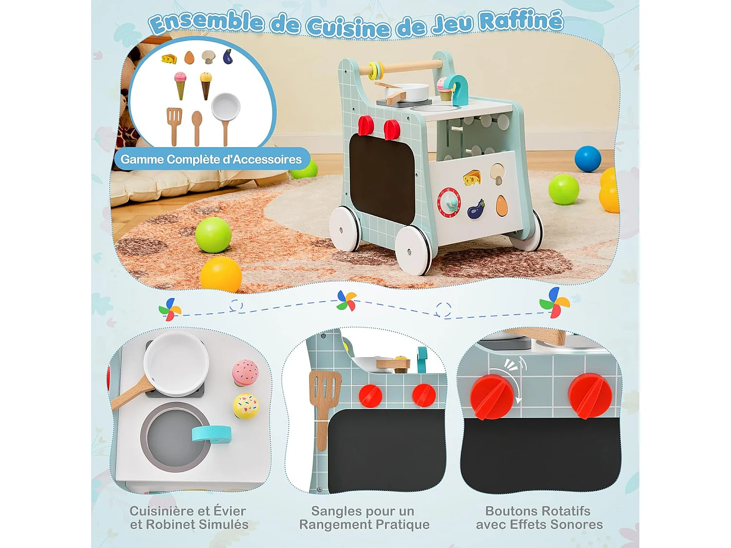 6 en 1 Chariot de Marche en Bois avec Thème de Cuisine & 9 Accessoires, Marcheur D'Apprentissage Bébé avec Tableau & Horloge, Rangement Intérieur, 12 Mois+