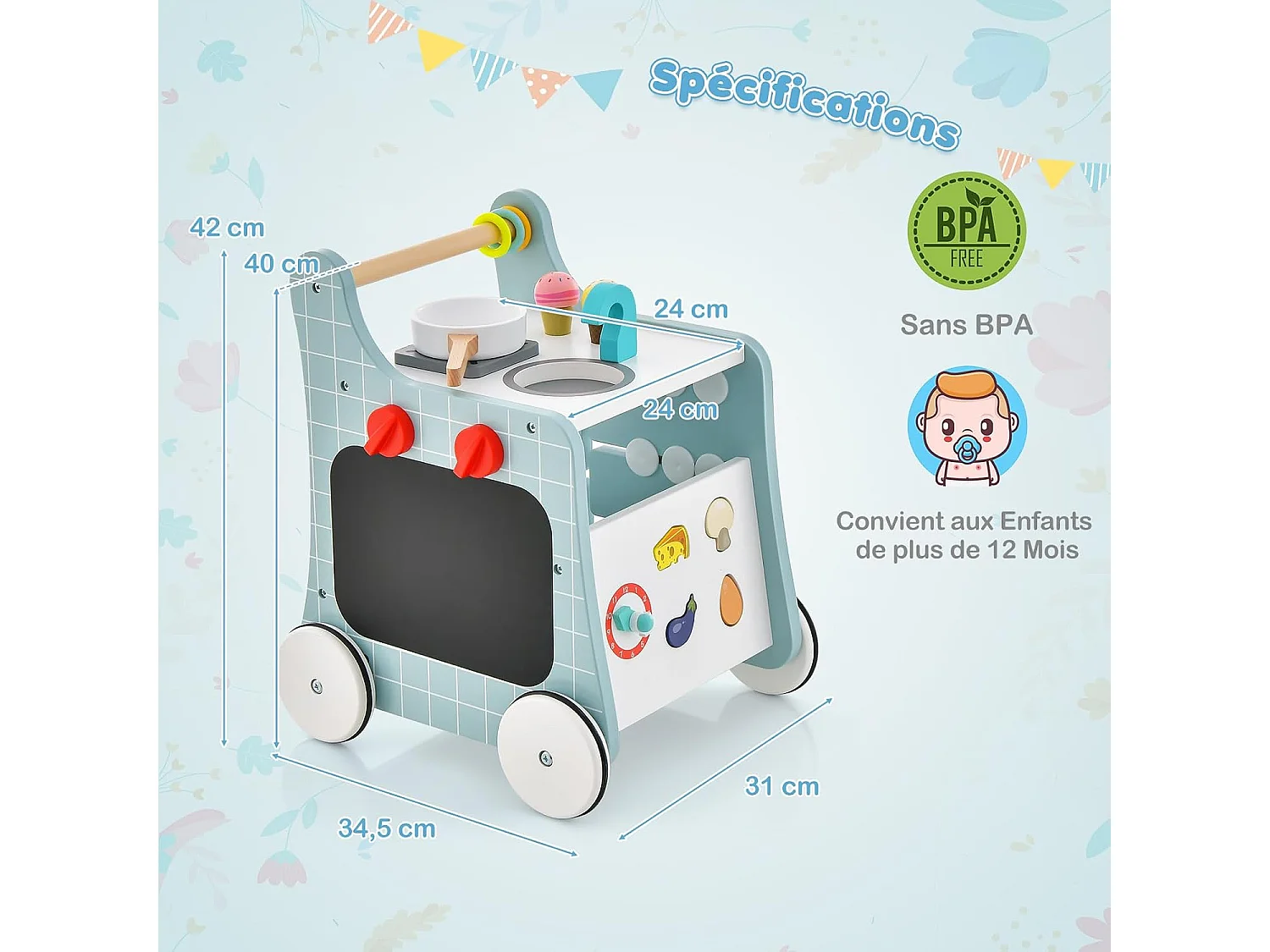 6 en 1 Chariot de Marche en Bois avec Thème de Cuisine & 9 Accessoires, Marcheur D'Apprentissage Bébé avec Tableau & Horloge, Rangement Intérieur, 12 Mois+