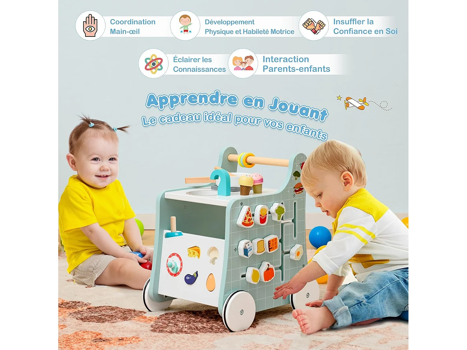 6 en 1 Chariot de Marche en Bois avec Thème de Cuisine & 9 Accessoires, Marcheur D'Apprentissage Bébé avec Tableau & Horloge, Rangement Intérieur, 12 Mois+