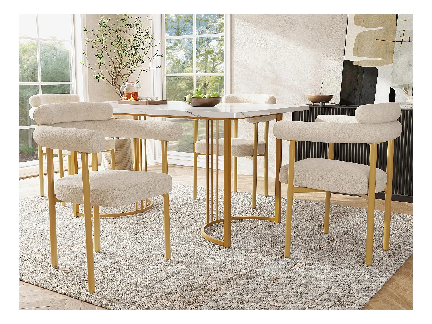 Table à manger et 4 chaises - plateau en MDF、Structure en métal et coussins en velours - Blanc & Doré