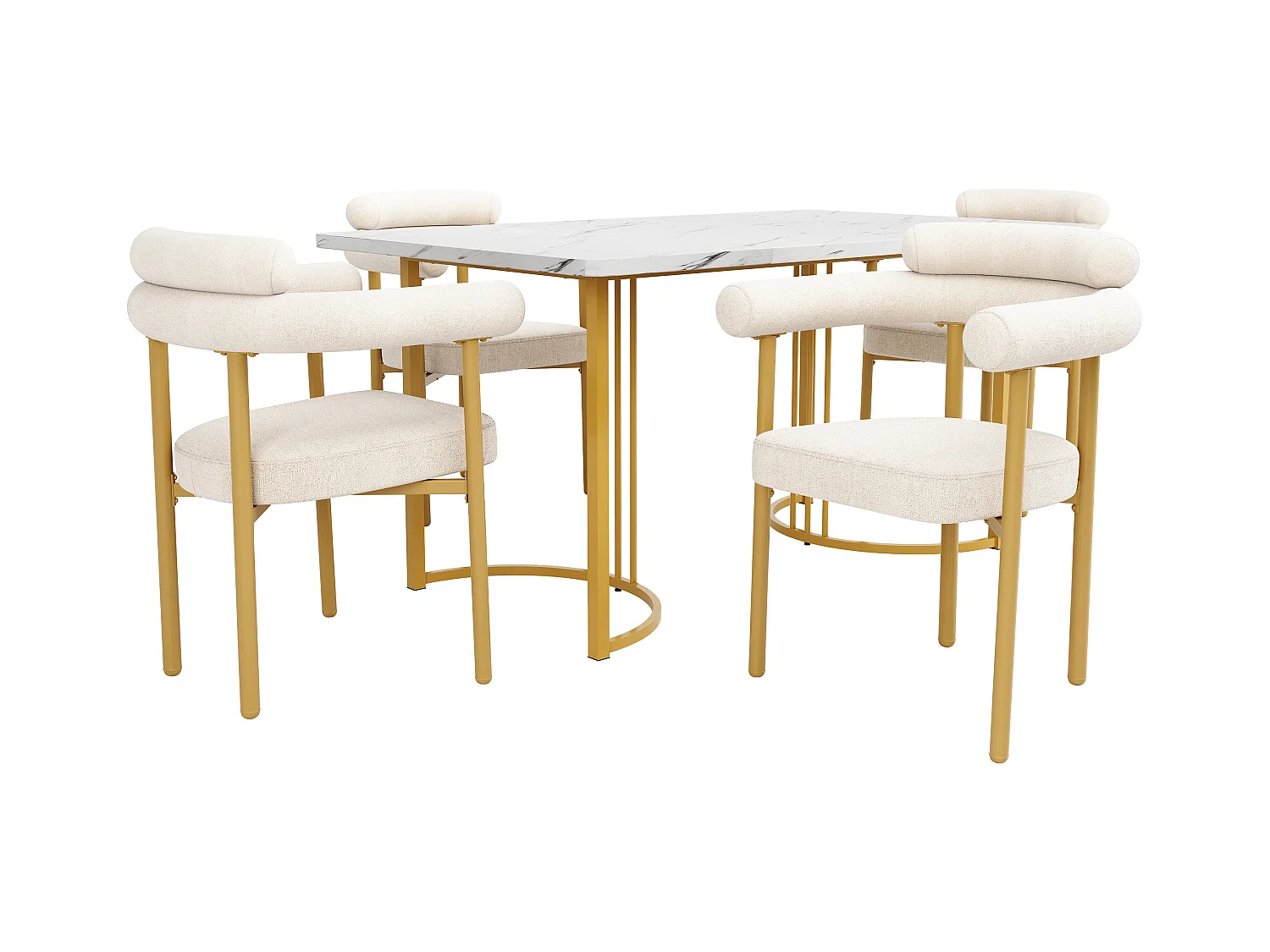 Table à manger et 4 chaises - plateau en MDF、Structure en métal et coussins en velours - Blanc & Doré