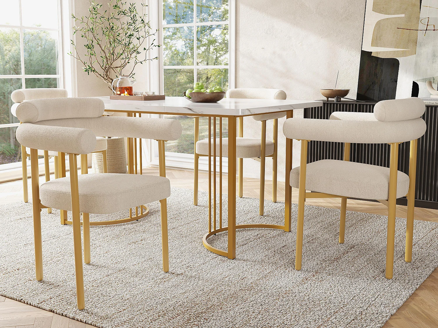 Table à manger et 4 chaises - plateau en MDF、Structure en métal et coussins en velours - Blanc & Doré