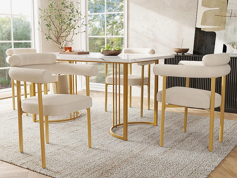 Table à manger et 4 chaises - plateau en MDF、Structure en métal et coussins en velours - Blanc & Doré