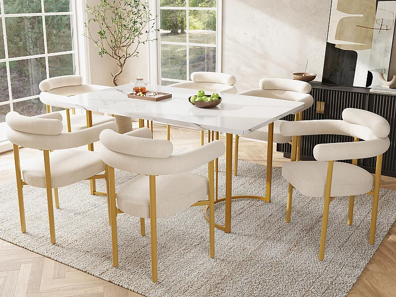 Mesa con 6 sillas - Tablero de MDF, estructura metálica y cojines de terciopelo - Blanco y Dorado