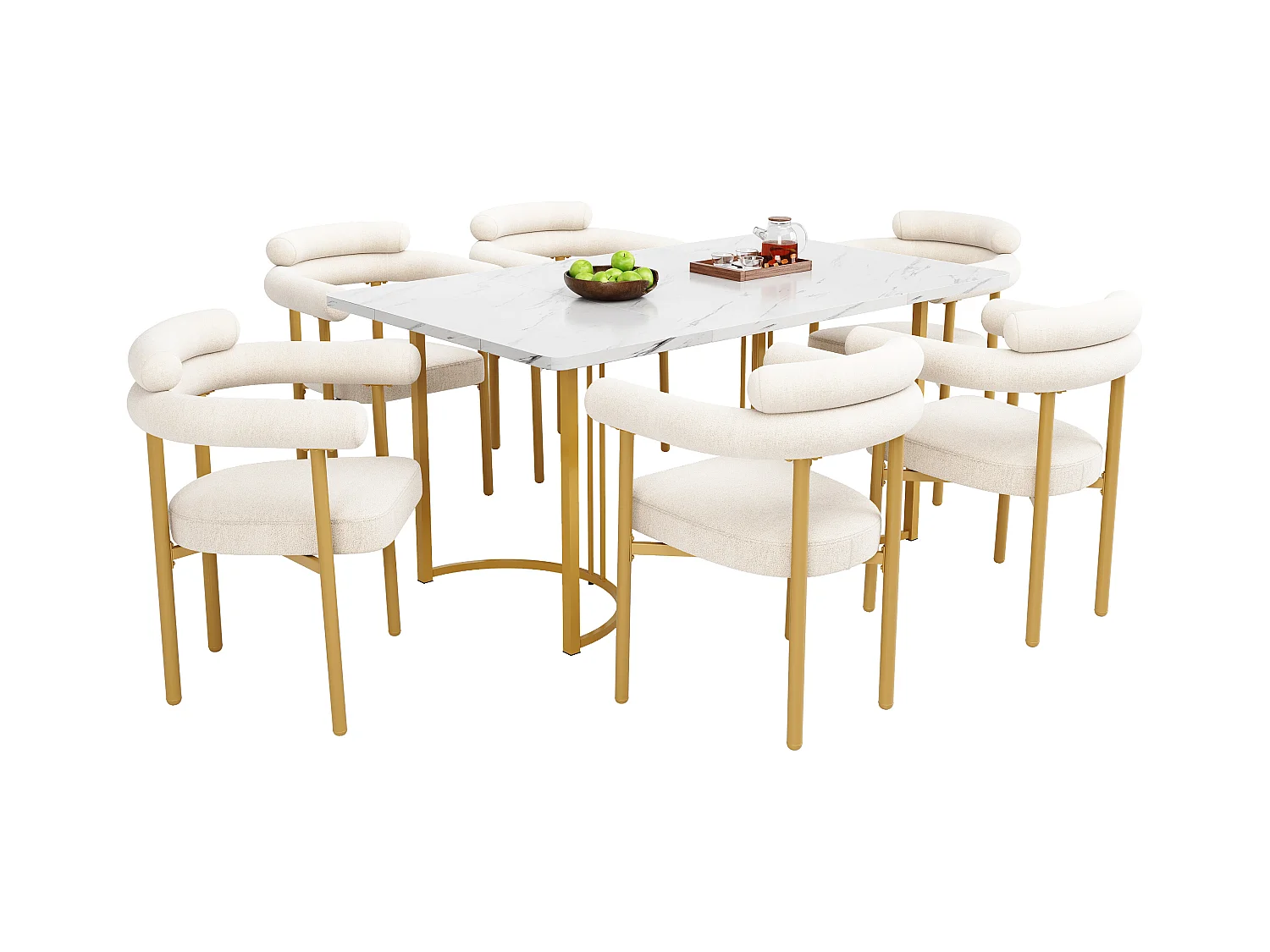 Table à manger et 6 chaises - plateau en MDF、Structure en métal et coussins en velours - Blanc & Doré