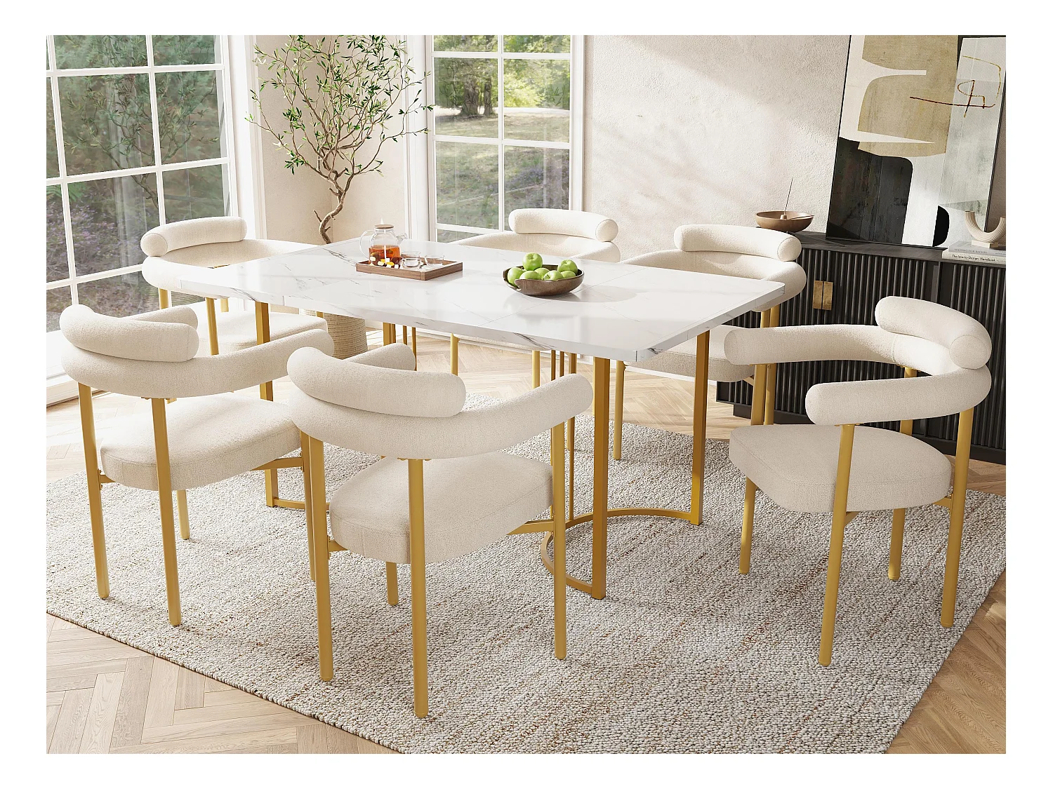 Esstisch mit 6 Stühlen - Tischplatte aus MDF, Metallgestell und Samtkissen - Weiß und Gold