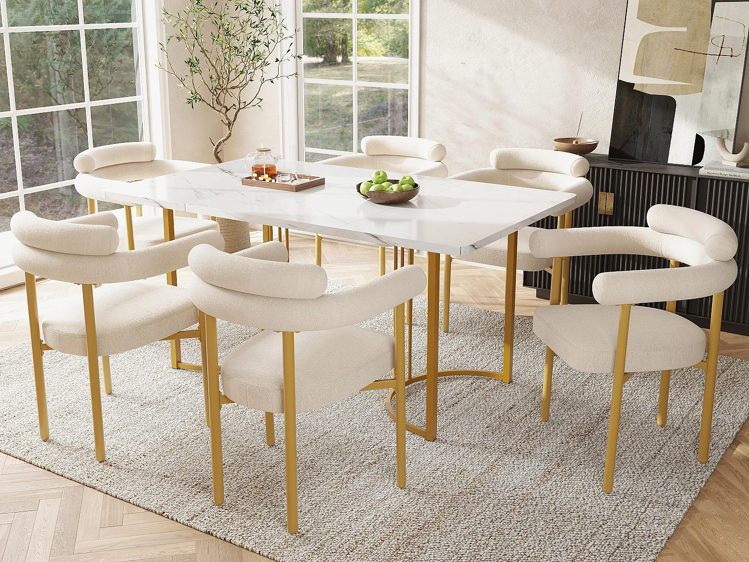 Mesa con 6 sillas - Tablero de MDF, estructura metálica y cojines de terciopelo - Blanco y Dorado