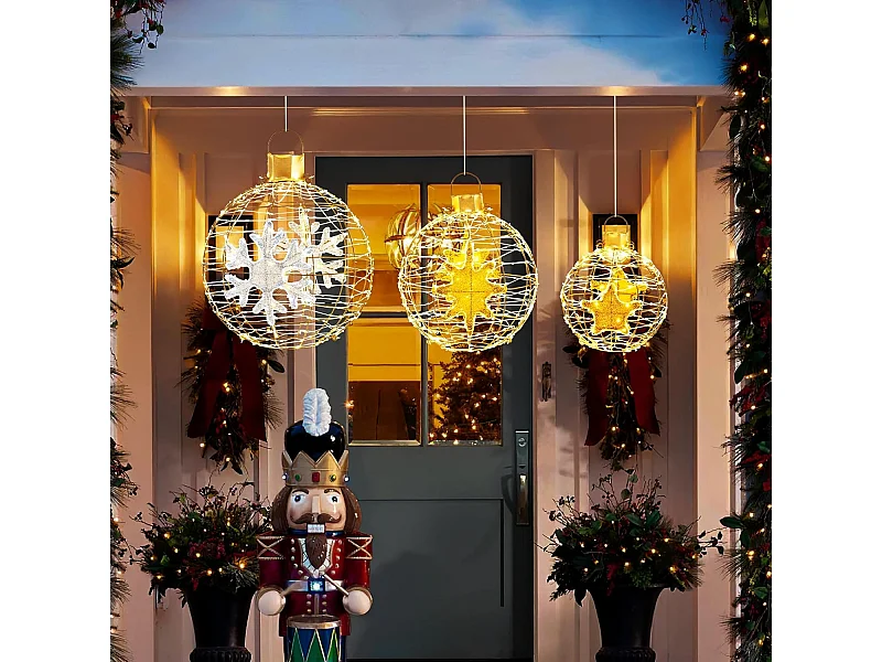 Lot de 3 Boules Lumineuses, Décoration Noël Extérieur Intérieur, 732 Lumières LED, 20 Attaches Zippées, 6 Piquets de Sol, Boules Noël Suspendu, Décorations Fêtes