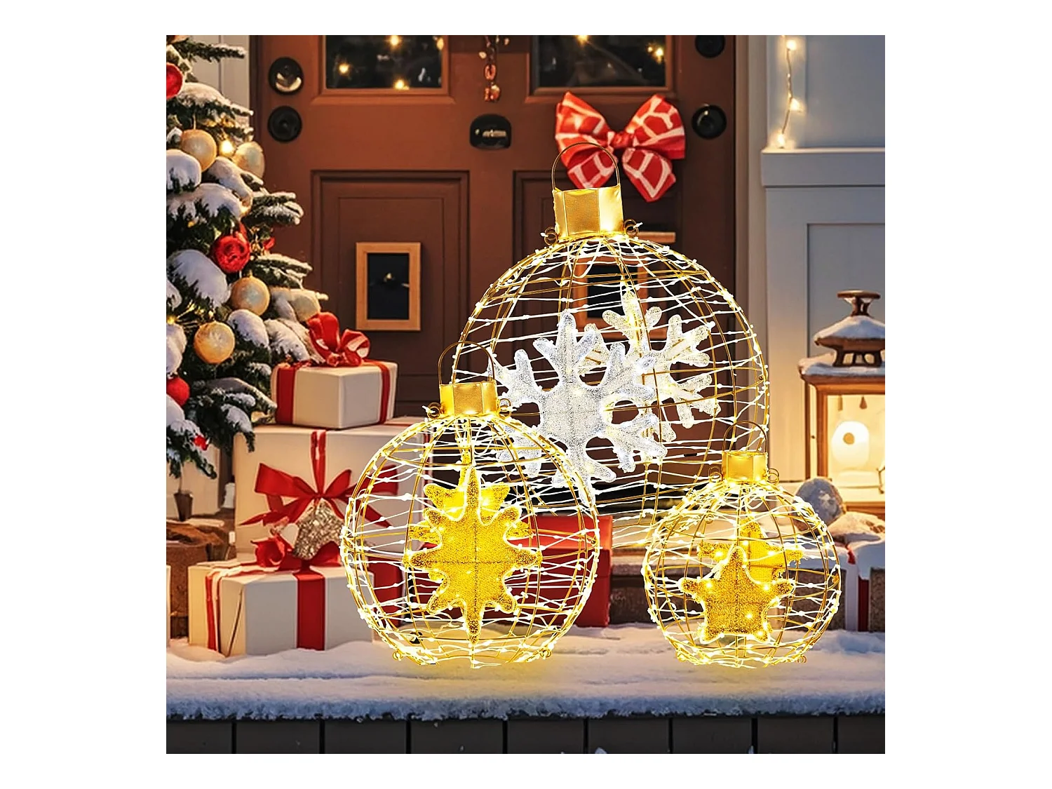 Lot de 3 Boules Lumineuses, Décoration Noël Extérieur Intérieur, 732 Lumières LED, 20 Attaches Zippées, 6 Piquets de Sol, Boules Noël Suspendu, Décorations Fêtes