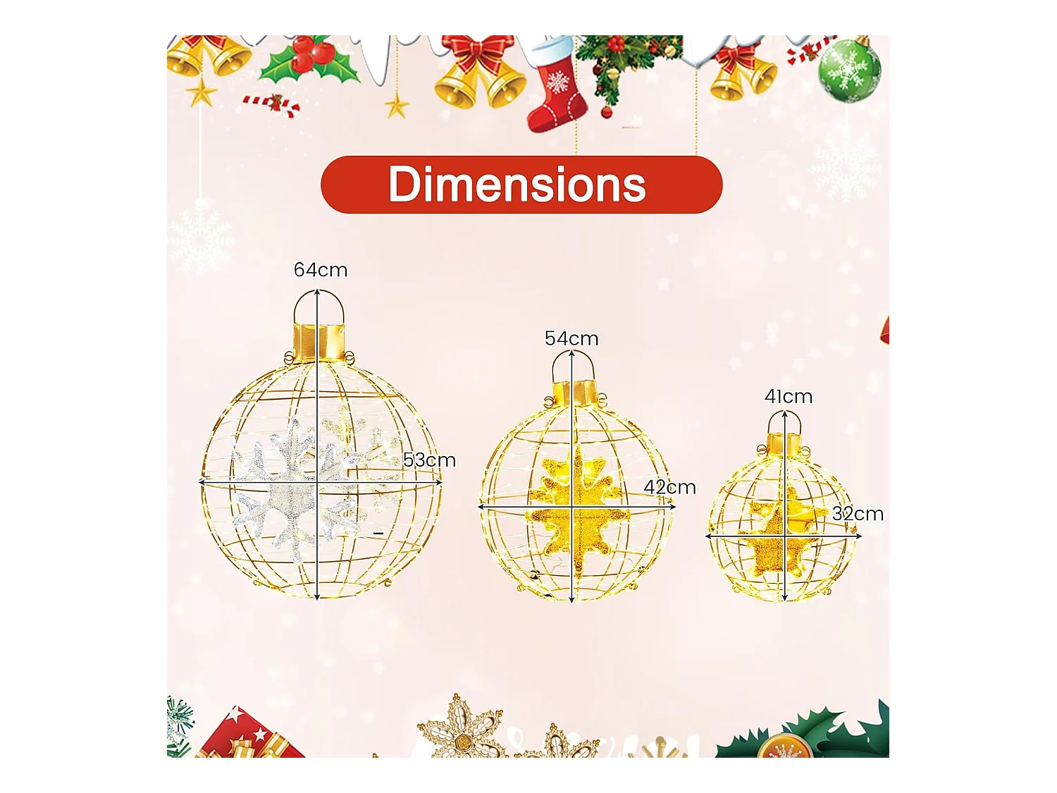 Lot de 3 Boules Lumineuses, Décoration Noël Extérieur Intérieur, 732 Lumières LED, 20 Attaches Zippées, 6 Piquets de Sol, Boules Noël Suspendu, Décorations Fêtes