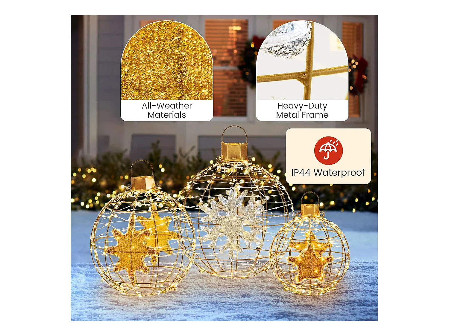 Lot de 3 Boules Lumineuses, Décoration Noël Extérieur Intérieur, 732 Lumières LED, 20 Attaches Zippées, 6 Piquets de Sol, Boules Noël Suspendu, Décorations Fêtes