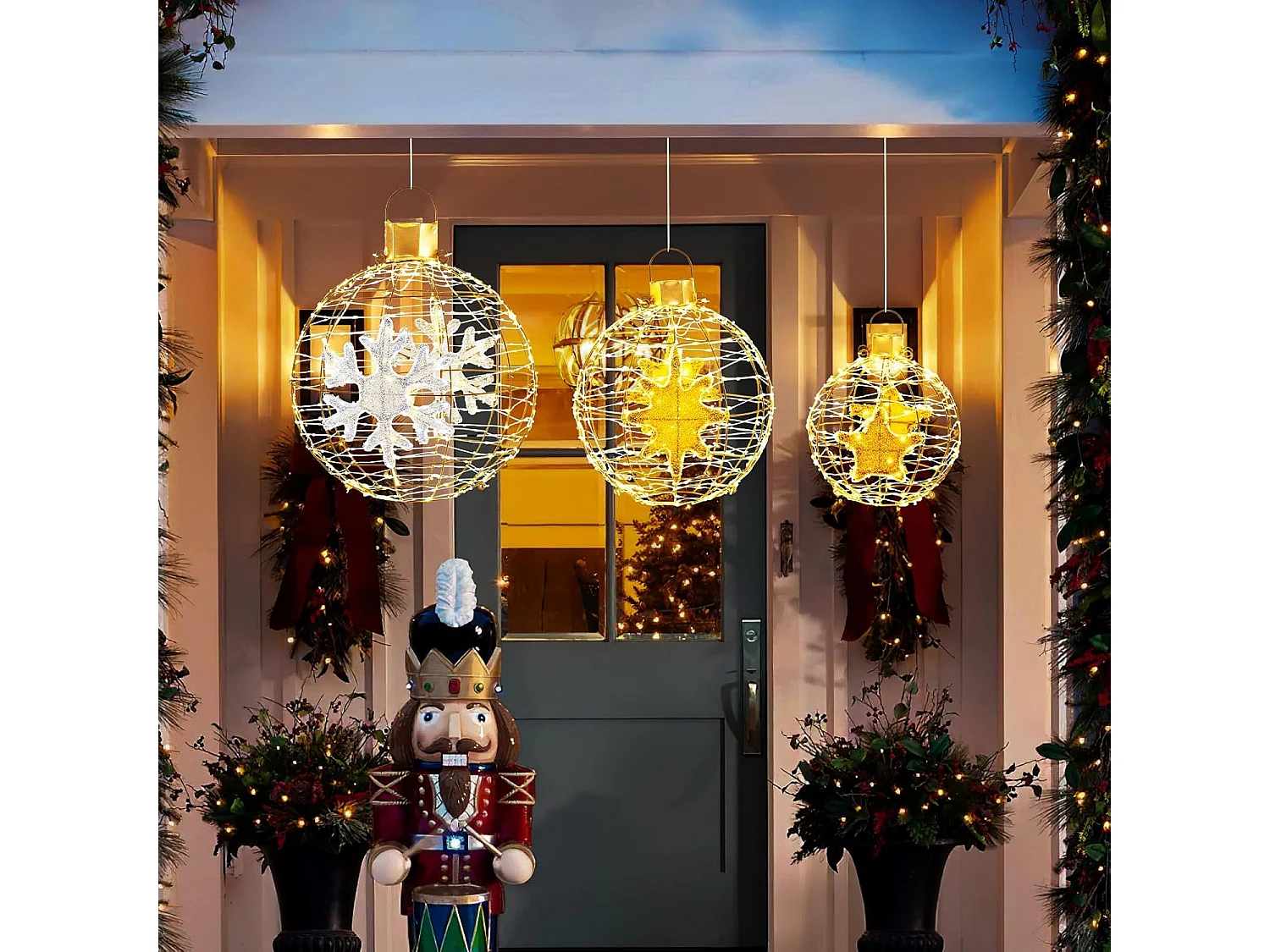 Lot de 3 Boules Lumineuses, Décoration Noël Extérieur Intérieur, 732 Lumières LED, 20 Attaches Zippées, 6 Piquets de Sol, Boules Noël Suspendu, Décorations Fêtes