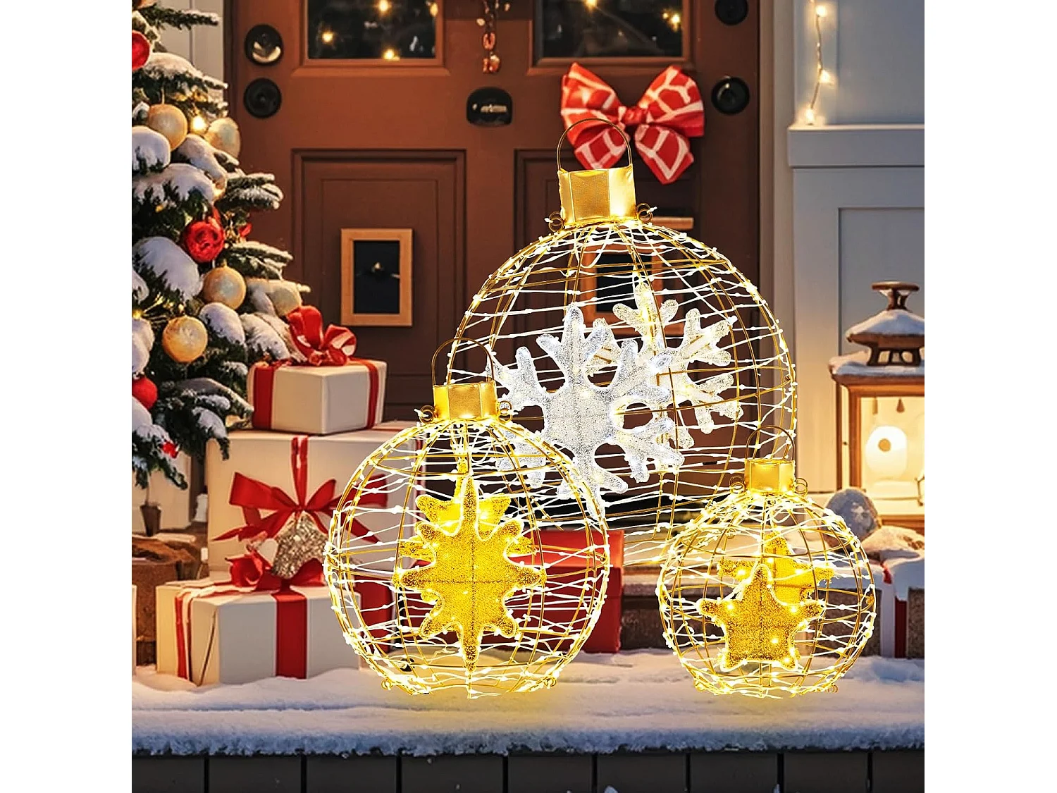 Lot de 3 Boules Lumineuses, Décoration Noël Extérieur Intérieur, 732 Lumières LED, 20 Attaches Zippées, 6 Piquets de Sol, Boules Noël Suspendu, Décorations Fêtes