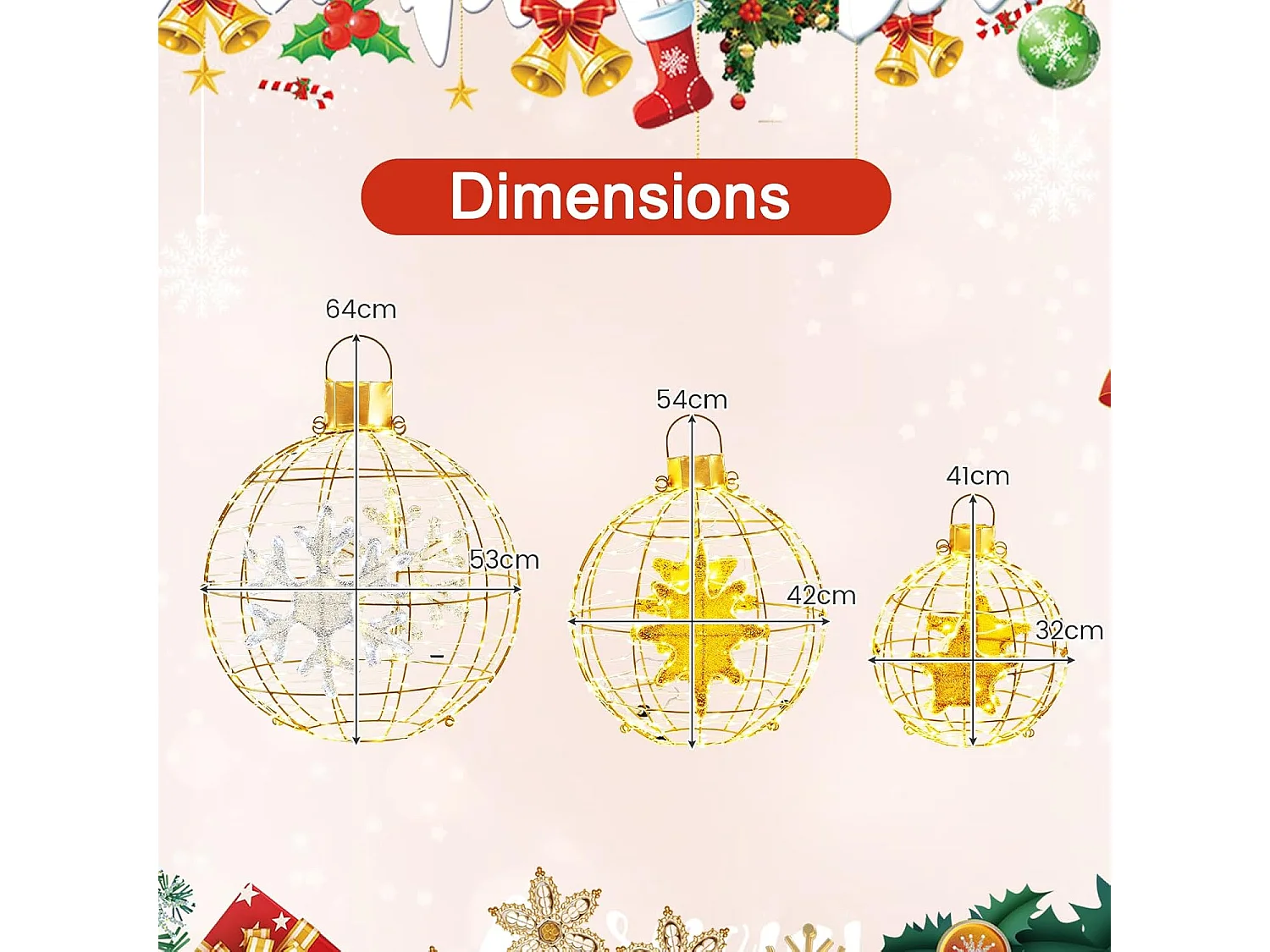 Lot de 3 Boules Lumineuses, Décoration Noël Extérieur Intérieur, 732 Lumières LED, 20 Attaches Zippées, 6 Piquets de Sol, Boules Noël Suspendu, Décorations Fêtes
