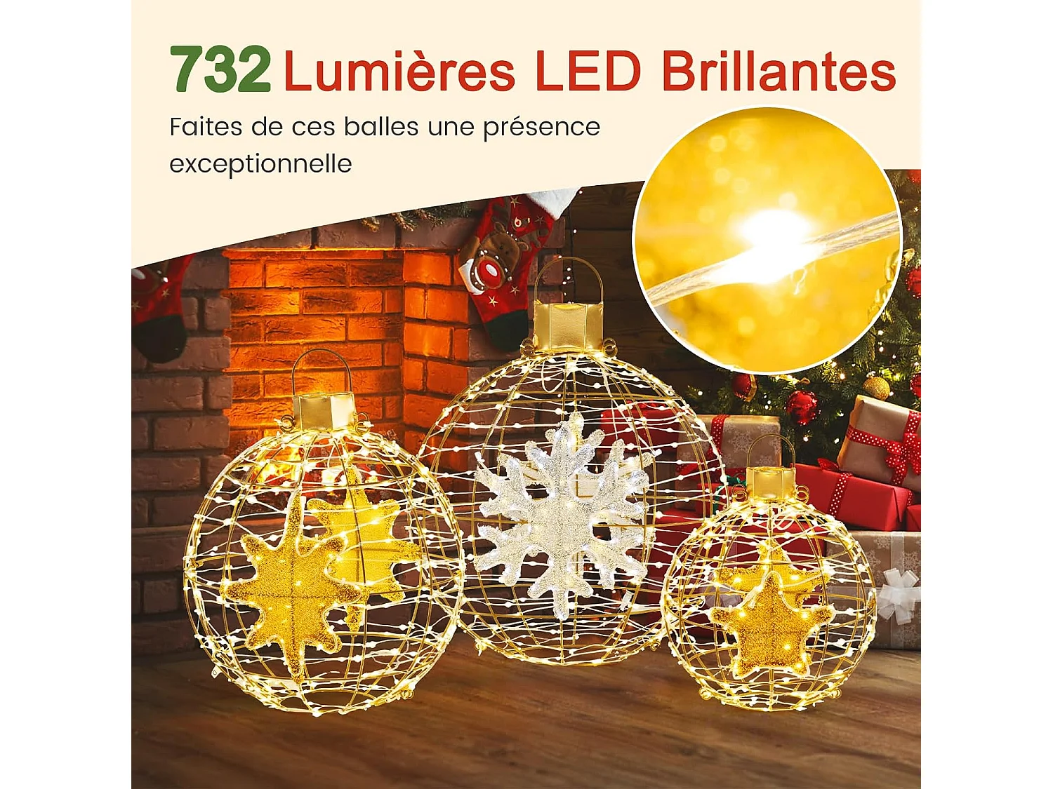 Lot de 3 Boules Lumineuses, Décoration Noël Extérieur Intérieur, 732 Lumières LED, 20 Attaches Zippées, 6 Piquets de Sol, Boules Noël Suspendu, Décorations Fêtes