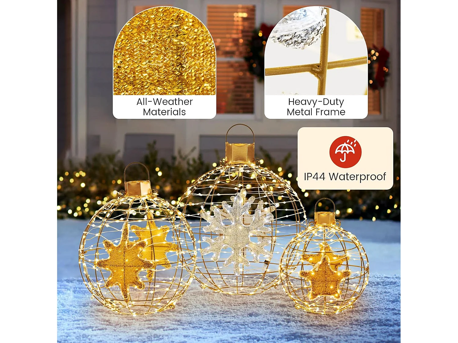 Lot de 3 Boules Lumineuses, Décoration Noël Extérieur Intérieur, 732 Lumières LED, 20 Attaches Zippées, 6 Piquets de Sol, Boules Noël Suspendu, Décorations Fêtes
