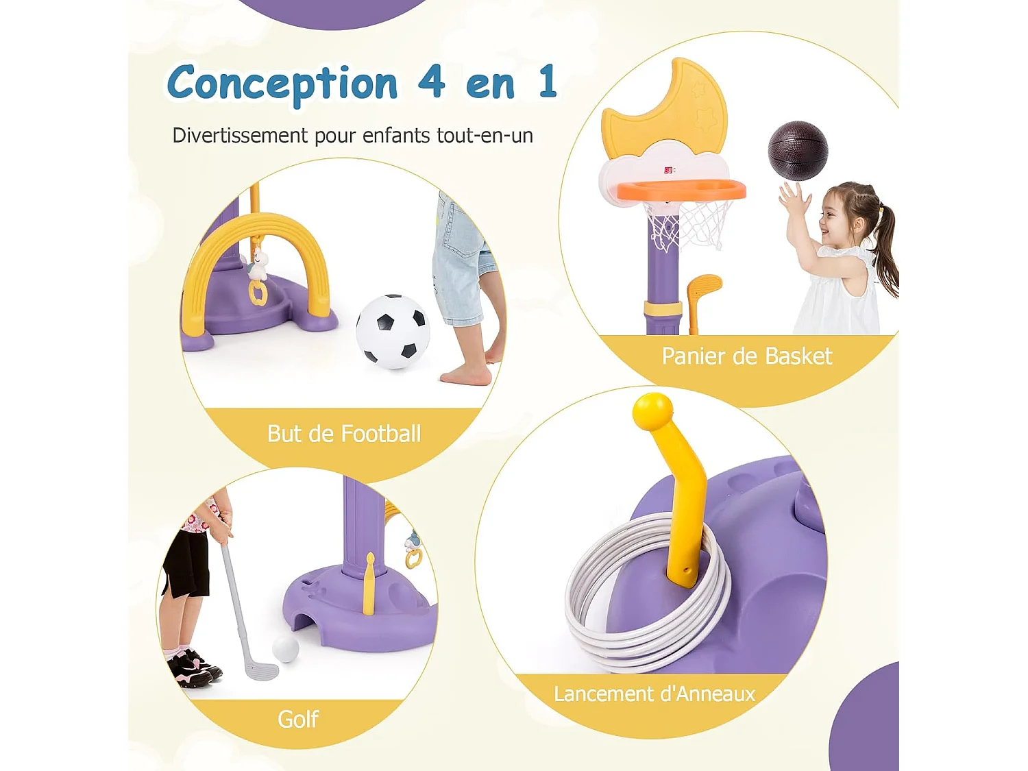 4 en 1 Panier de Basket Enfant en Forme Lune avec Hauteur Réglable, Aire de Jeu Sportive avec Football, Golf, Tableau d’Affichage pour 3 Ans+ (Violet)