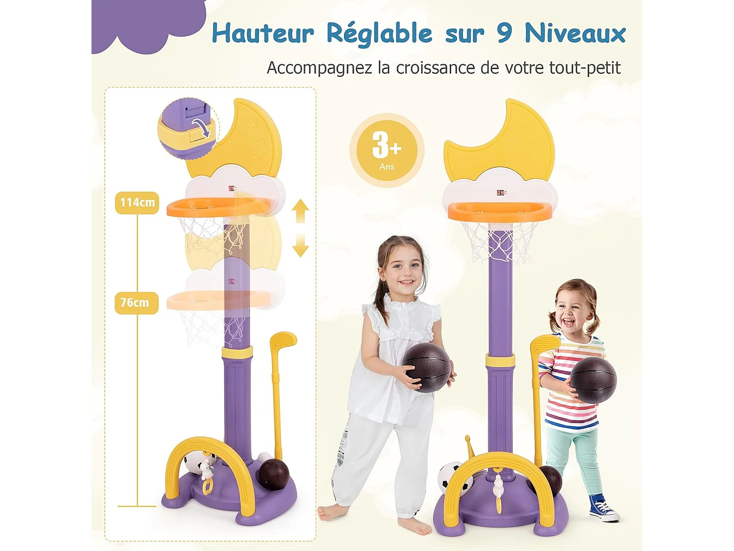 4 en 1 Panier de Basket Enfant en Forme Lune avec Hauteur Réglable, Aire de Jeu Sportive avec Football, Golf, Tableau d’Affichage pour 3 Ans+ (Violet)