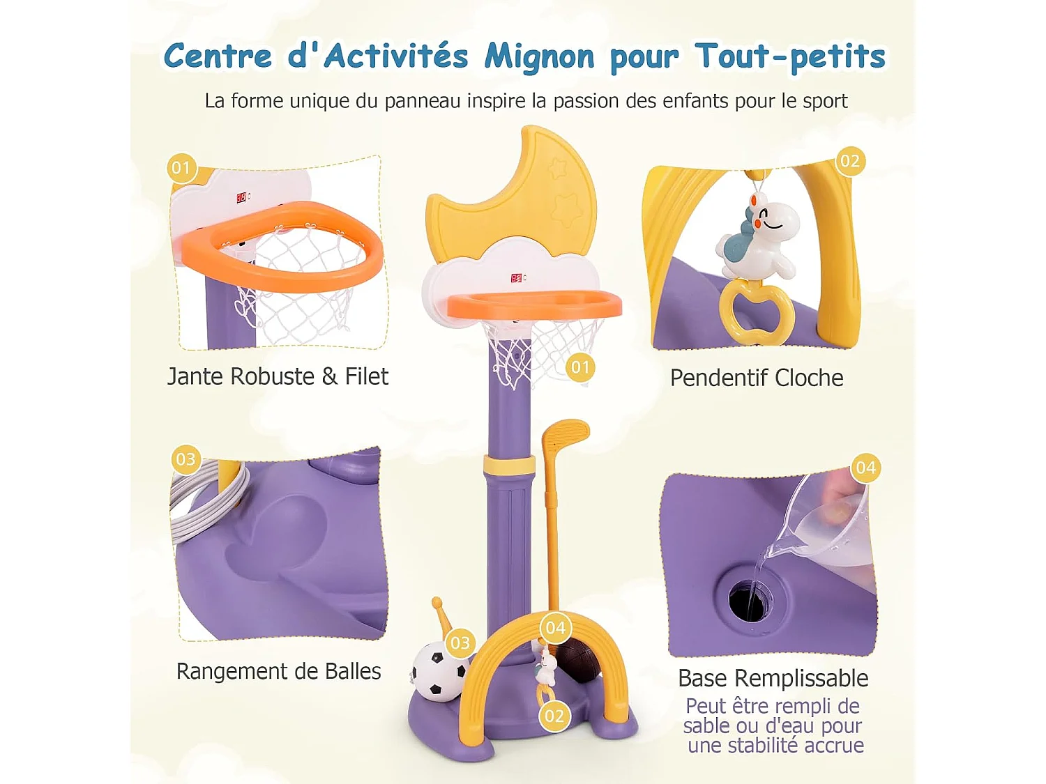 4 en 1 Panier de Basket Enfant en Forme Lune avec Hauteur Réglable, Aire de Jeu Sportive avec Football, Golf, Tableau d’Affichage pour 3 Ans+ (Violet)
