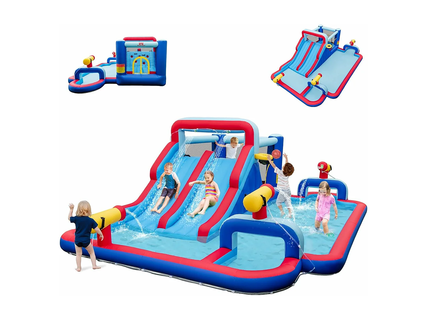9 en 1 Château Gonflable avec Doubles Toboggans Aquatiques & Piscine, Aire de Jeux Gonflable avec Zone de Saut & 3 Canons à Eau, Charge 135kg, pour 3-5 Ans