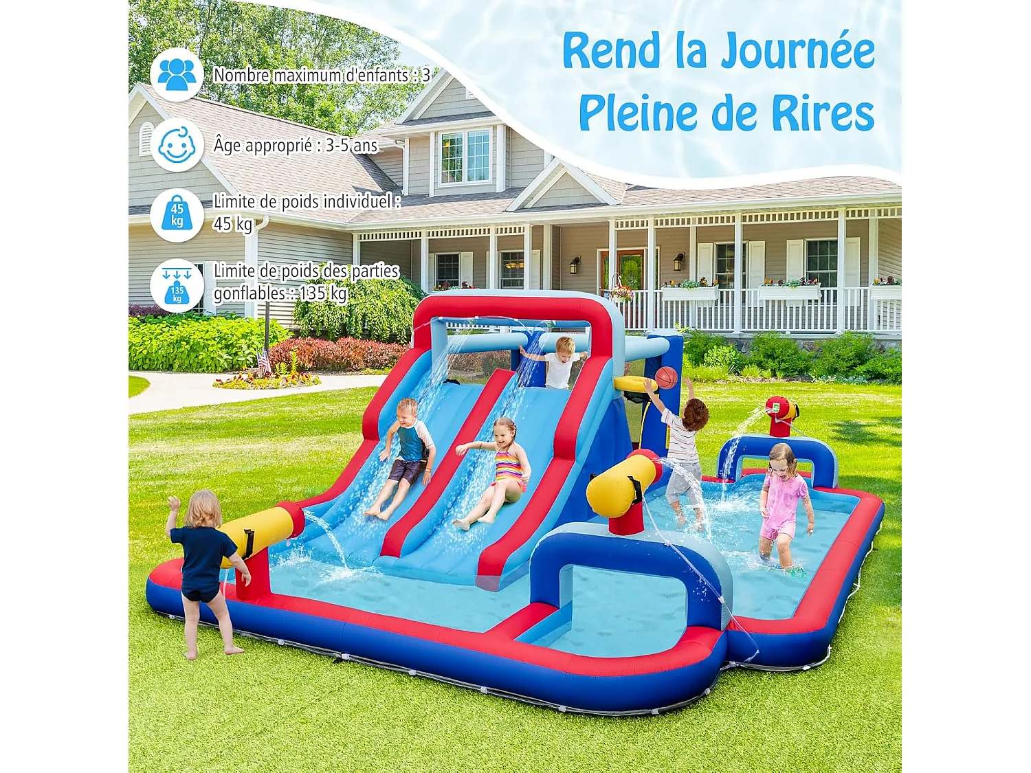 9 en 1 Château Gonflable avec Doubles Toboggans Aquatiques & Piscine, Aire de Jeux Gonflable avec Zone de Saut & 3 Canons à Eau, Charge 135kg, pour 3-5 Ans