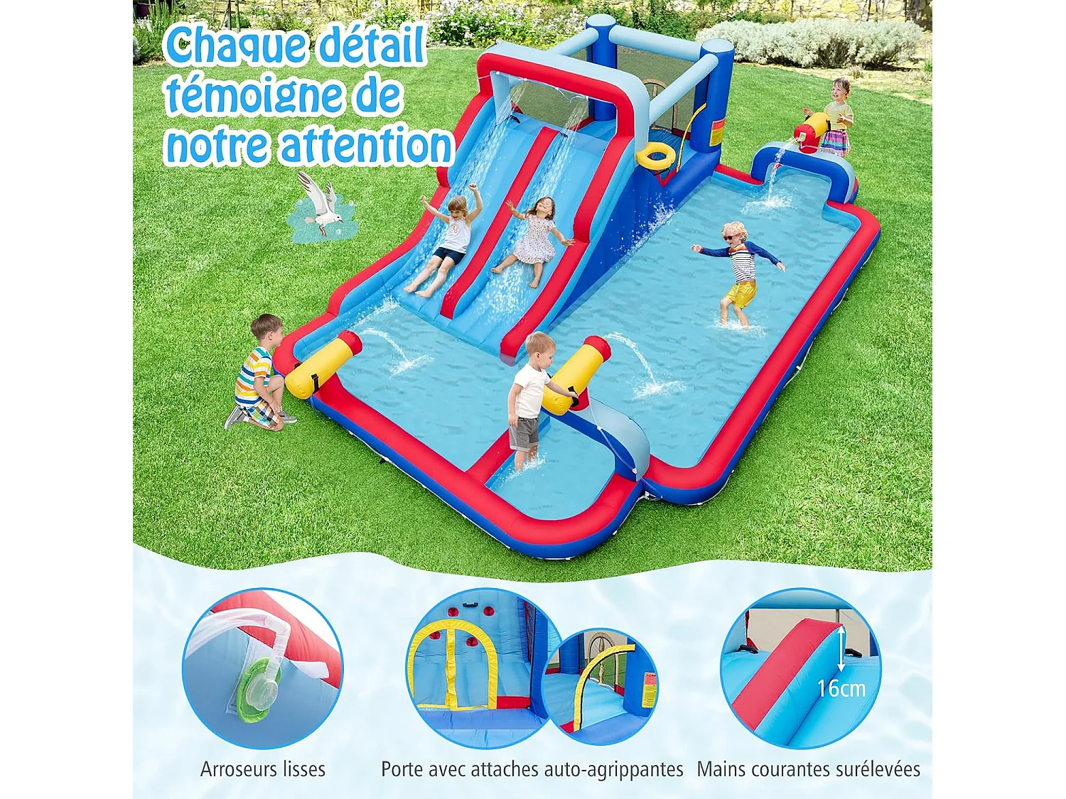 9 en 1 Château Gonflable avec Doubles Toboggans Aquatiques & Piscine, Aire de Jeux Gonflable avec Zone de Saut & 3 Canons à Eau, Charge 135kg, pour 3-5 Ans